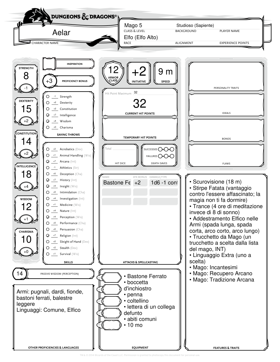 Scheda D&D 5e — Mago